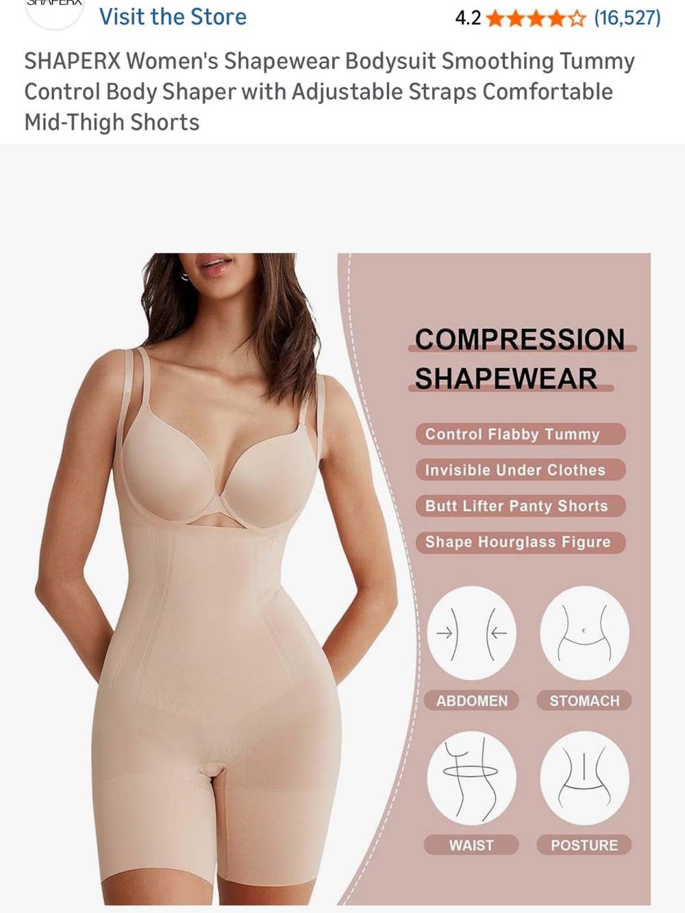 SHAPERX Women's Nude Mid-Thigh Compression Bodysuit with Adjustable Straps